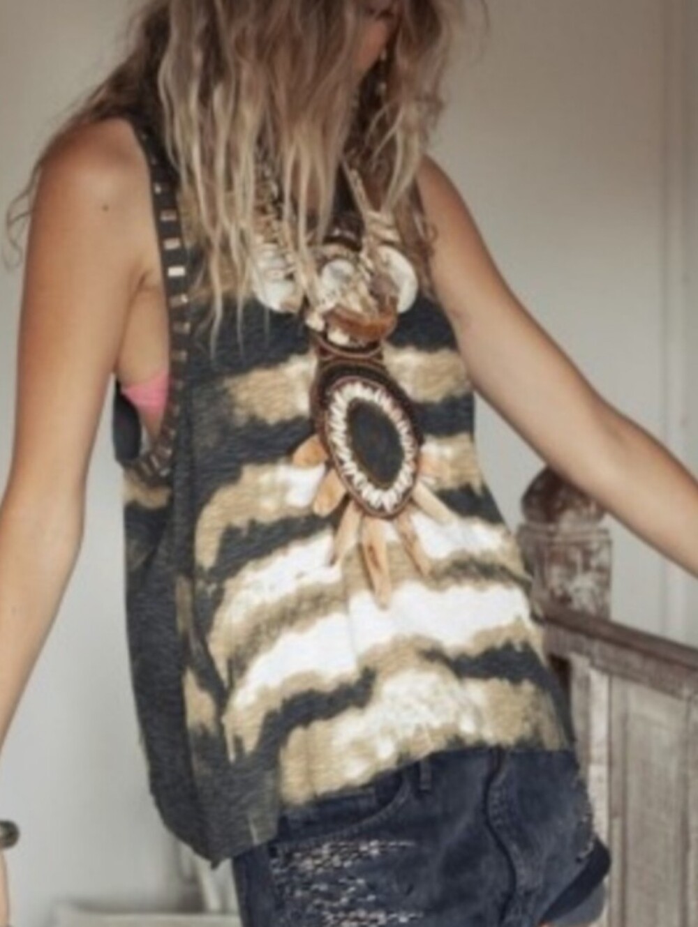 Vintage Spell Leila Feather Singlet Olive Black  White Tie-Dye Tank Tunic Top S